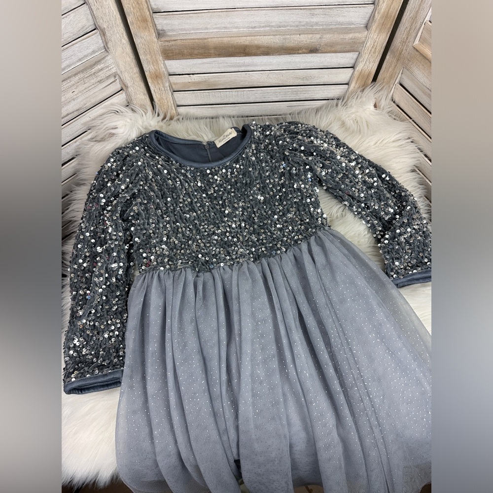 Marie Nicole Girls Silver Sequin Sparkle Holiday Tulle Party Dress Size 6/7/8
